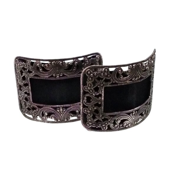Silver Tone Ornate Frame Ribbon Shoe Clips, Vintage Black Fabric Curved Rectangl - Picture 1 of 3